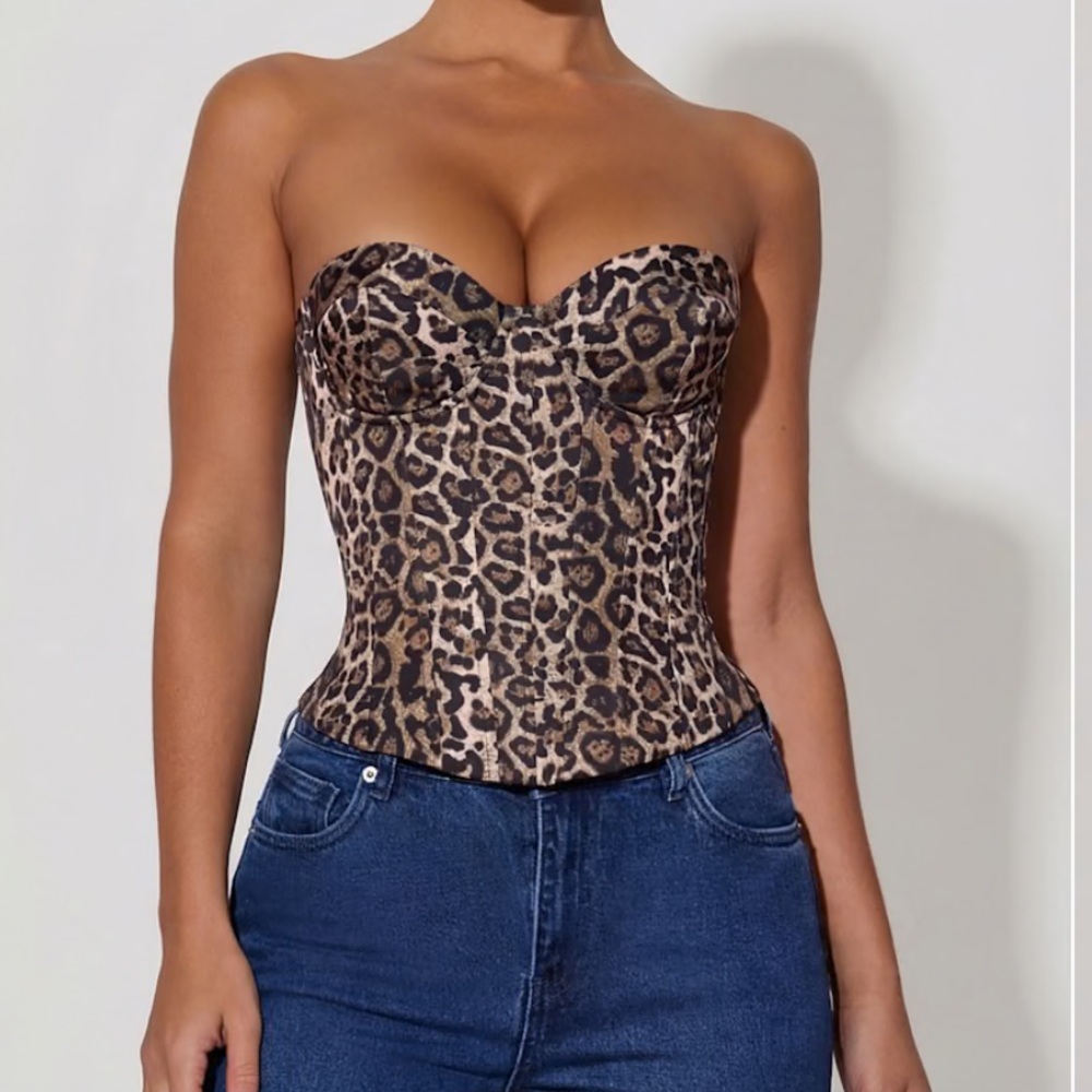 Oh Polly Leopard Print Strapless Corset Top - Brown